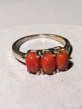 Genuine Red Coral  & Sterling Silver 3-Stone Ring Size 6-6 1/4
